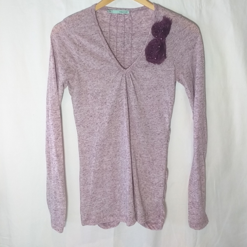 Long Sleeve Heathered Eggplant & White Ruched Top